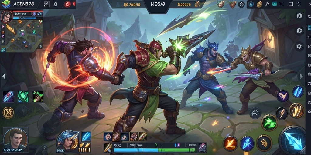 Screenshot gameplay AGEN878 saat pertarungan epik di arena MOBA.