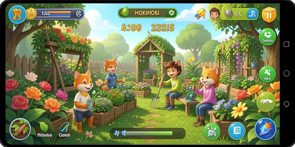 Tampilan gameplay HOKIHOKI dengan kebun yang rimbun dan berbagai hewan.