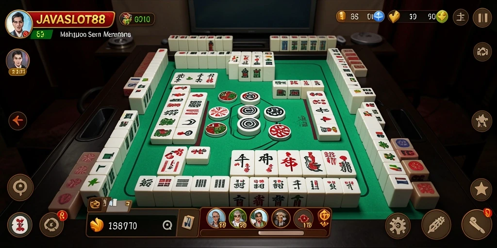 Tampilan gameplay seru dari JAVASLOT88 dengan desain ubin Mahjong yang indah.