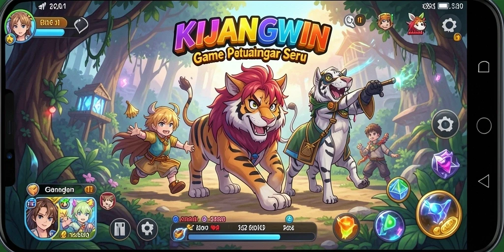 Tampilan gameplay KIJANGWIN dengan karakter anime yang menarik dan grafis yang cerah.