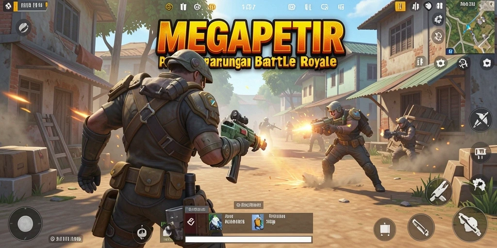 Tangkapan layar seru dari gameplay <strong>MEGAPETIR</strong> menampilkan aksi intens dalam pertempuran Battle Royale.