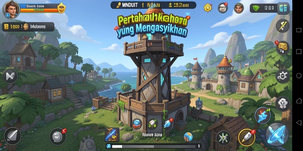 Gameplay menarik di MNDUIT menunjukkan berbagai menara dan musuh.