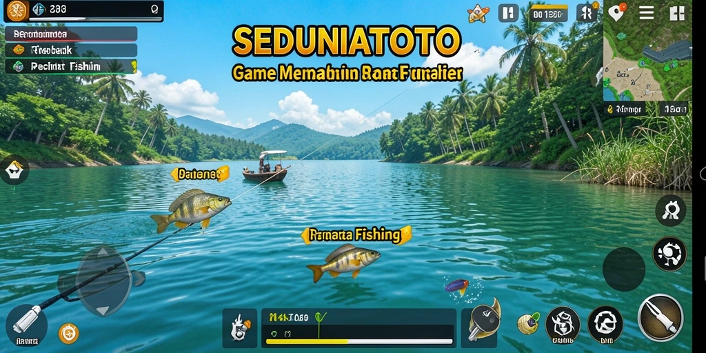 Tampilan gameplay SEDUNIATOTO dengan aksi memancing seru.